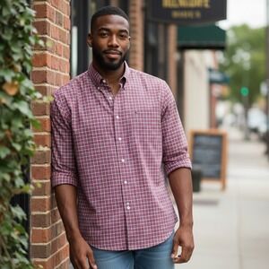 ENRO‎ Mens M Button Down Shirt Long Sleeve Red Blue Checked Casual Wrinkle Free